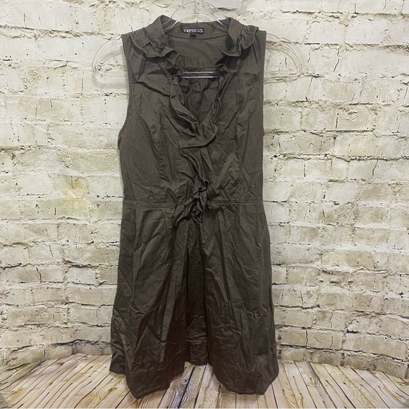 Express Brown V Neck Ruffle Side Zip Sleeveless A Line Dress - Picture 1 of 5